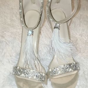 Tan pearl and rhinestone heels